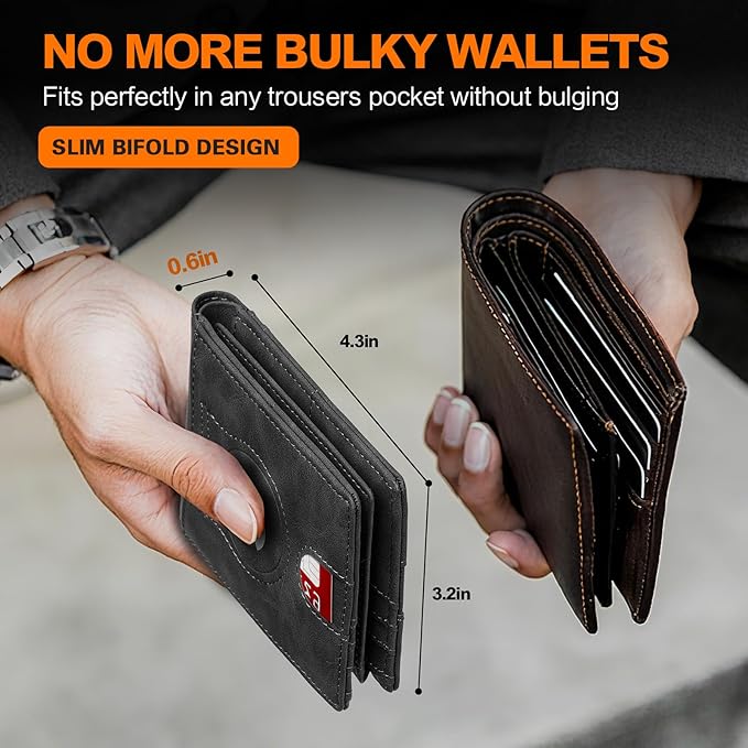Wallet for Men Slim RFID Blocking Bifold Carbon Fiber,Minimalist Small Compact Front Pocket Credit Card Holder,Thin Mens Leather Wallets Smart Security With 2 ID windows 1 Cash (Crazy Horse Grey)
