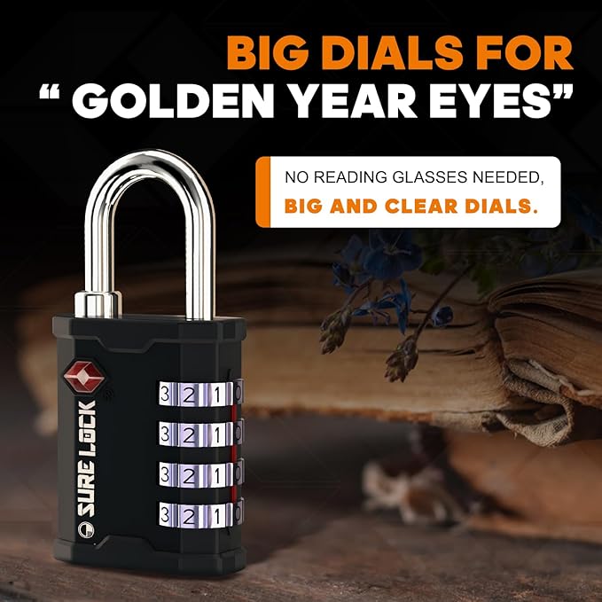 SURE LOCK TSA Approved 4 Digit Combination Lock, Heavy Duty Padlock with Red Dot Indicator for Gun Cases, Pelican Cases, Tool Boxes, Gym Lockers, Storage Units & Outdoor Gates(1,Black)