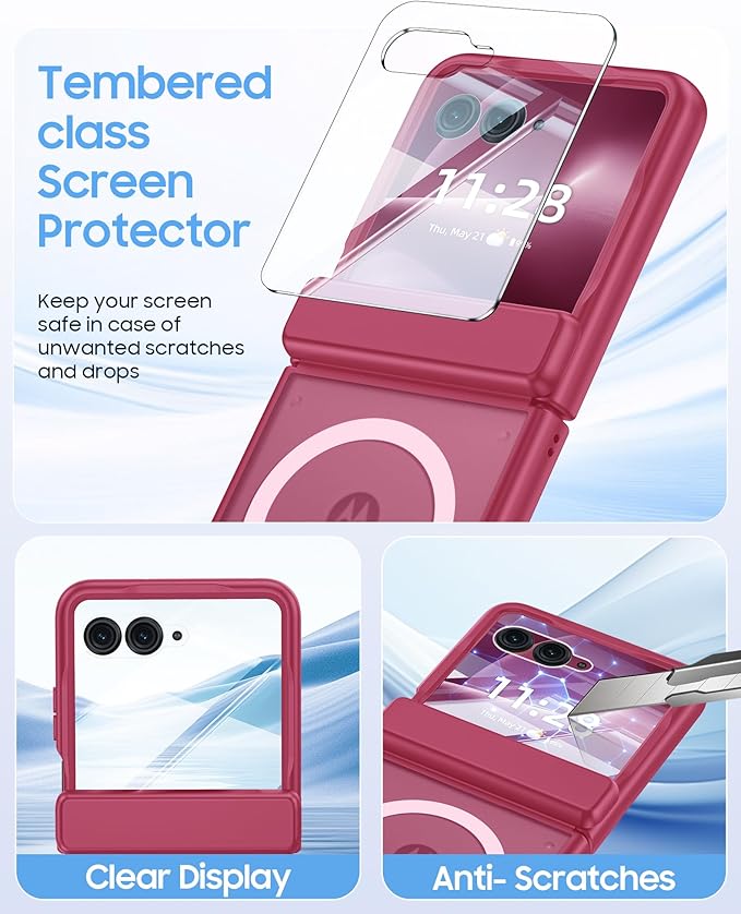 Magnetic for Motorola Razr+ Plus 2026,Razr+ 2025/2024 Case,Hinge Protection, Screen Protector, Compatible with MagSafe, Translucent Frosted, Shockproof Cover for Razr+ 2026/2025/2024-Rose Red