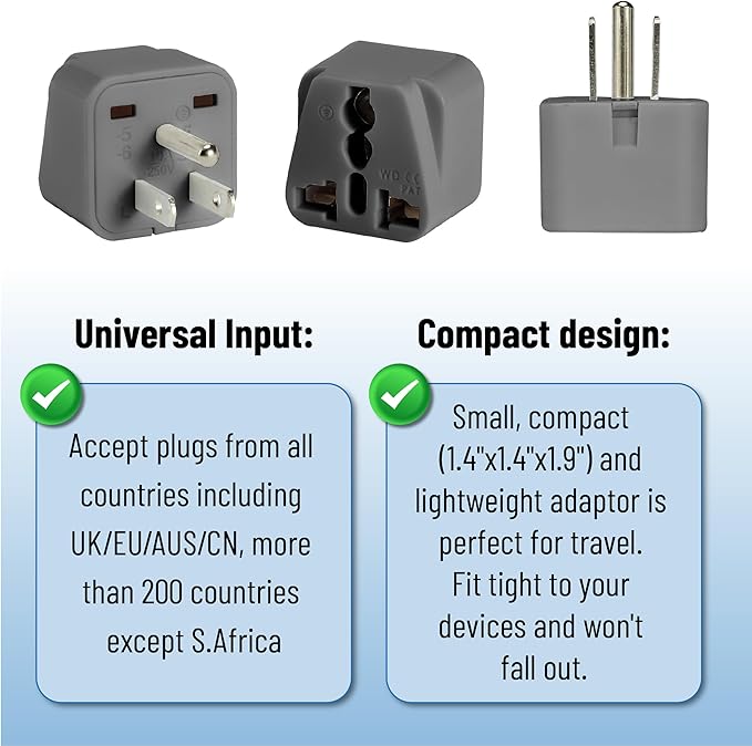 Bates- UK to US Plug Adapter, 2 Pack, Gray, EU to US Plug Adapter