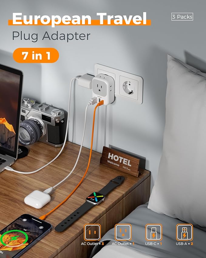 TESSAN European Travel Plug Adapter USB C 3 Pack, PD 20W US to Europe Plug Adapter with 4 AC Outlets 3 USB Ports, Type C Power Adaptor for USA to EU Euro Spain France Iceland Italy Germany Greece