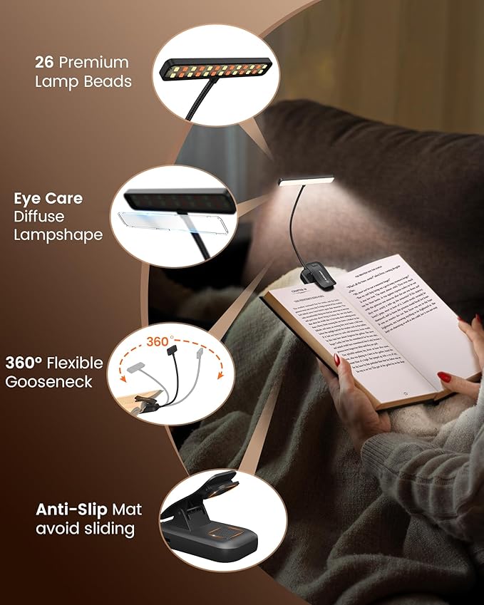 Glocusent 26 LED Rechargeable Book Light for Reading in Bed, Eye-Caring 5 Amber Colors and Stepless Dimming, Lasts 1 Week to a Months, Travel Clip on Lamp Gifts for Book Lovers, Men, Women & Kids