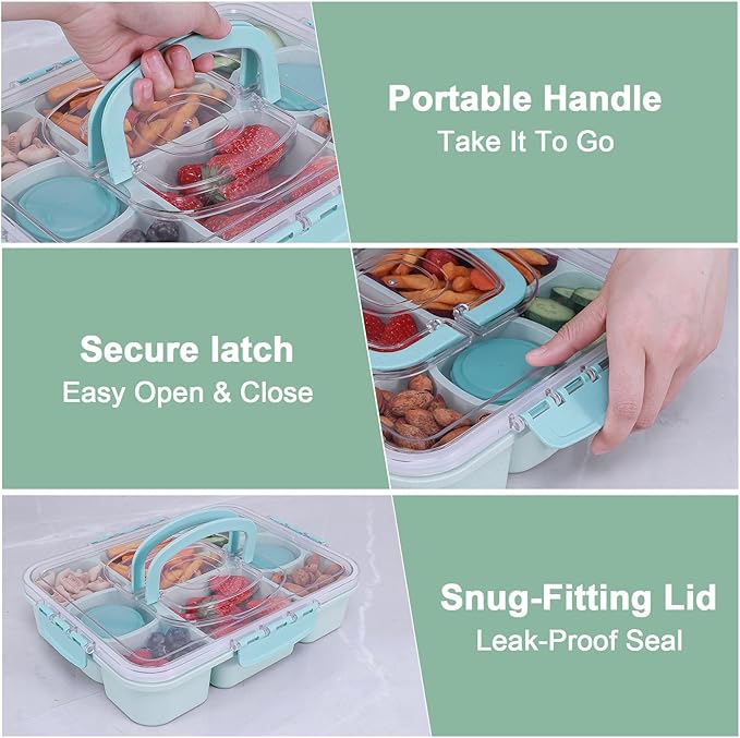 Large Snackle Box Container with 2 Sauce Cups, 8-Compartment Divided Serving Tray with Lid & Handle, Portable Snack Tray for Travel Picnic, Leak-Proof, Dishwasher Safe, BPA-Free