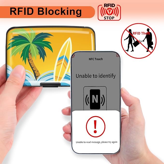 Mayski 2 Pack Credit Card Holder for Women, RFID Blocking, Tropical Surfing Aluminum Alloy Hard Case, Small Mini Business Metal Wallet for Men