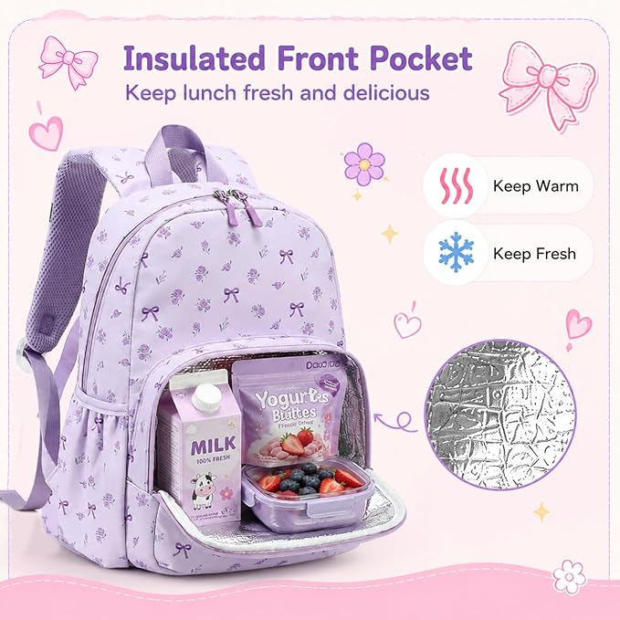 BTOOP Kids Backpack for Girls 4-6, Small Girls Backpack-Preschool Kindergarten School Bookbag with Insulated Lunch Compartment & Chest Strap for Girl (Purple-Bow, Age 3-6 (14.5" H Fit Folder))