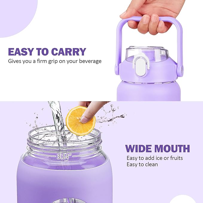 64oz Glass Water Bottles with Straw, Half Gallon Motivational Glass Bottle with Silicone Sleeve and Time Marker, 2L Leakproof Large Glass Water Jug for Gym Home Office, Purple