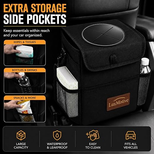 LuxMotive Car Trash Can – 3 Gallon Leakproof Waterproof Auto Trash Bin, Hanging Car Garbage Container with Lid & Storage Pockets, Foldable Car Organizer for Vehicle Interior (Black)