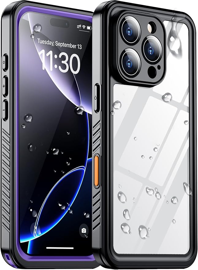Compatible with iPhone 16 Pro Case Waterproof, Built-in Screen & Camera Protector IP68 Underwater Full Body 16FT Military Dropproof Shockproof Phone Case 6.3"-Purple/Clear
