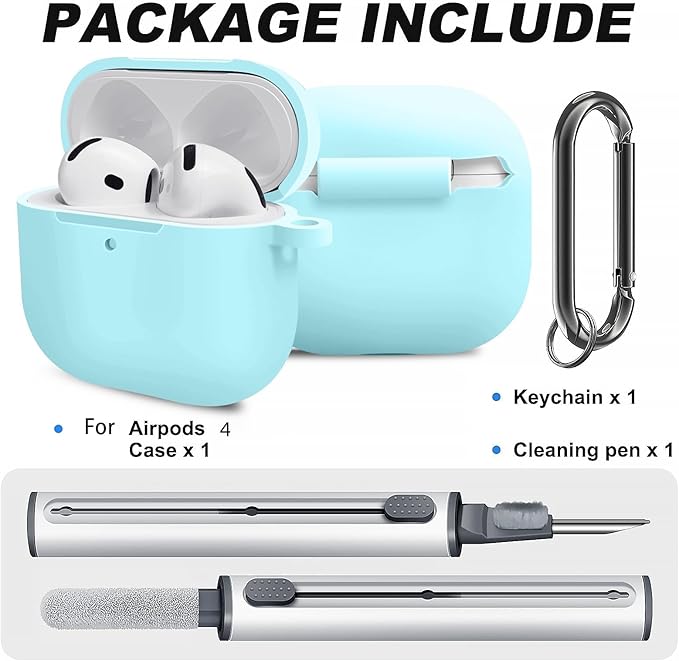 for Airpods 4th Case Cover, Come with Cleaner Kit,Soft Skin Silicone Case Cover with Keychain, Front LED Visibl, Full Protective Case，Compatible with AirPods 4th(Nightglow Blue)