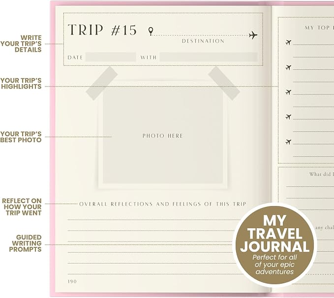 Inspired Ink Travel Journal for Women and Men Travel Bucket List Journal 210 Pages Traveler Adventure Notebook – Itinerary Planner Organizer & Traveling Memory Diary Memorial Gift for Travelers - Pink