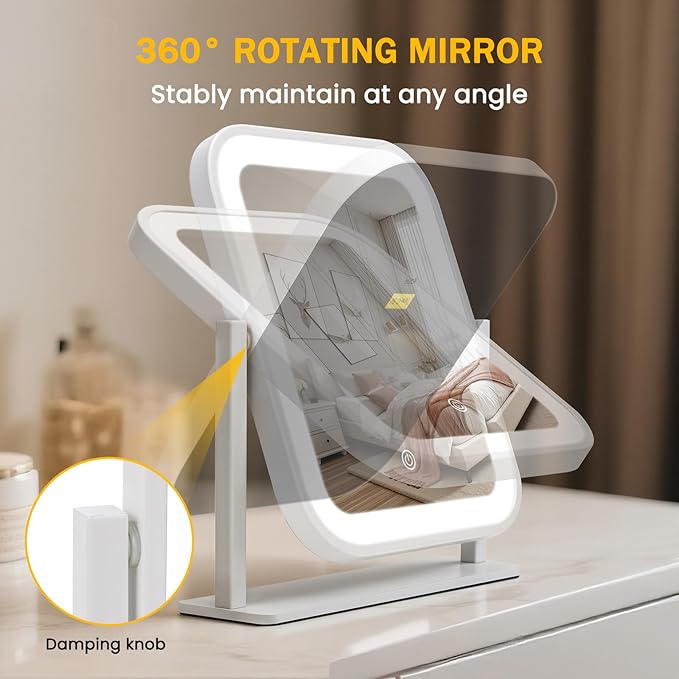 Rechargeable Vanity Mirror with Lights, 1500mAH, 10"×9" Makeup Mirror with Lights, Smart Touch with 3-Color Lighting, 360° Rotation, Portable LED Desk Mirror, Bedroom (White)