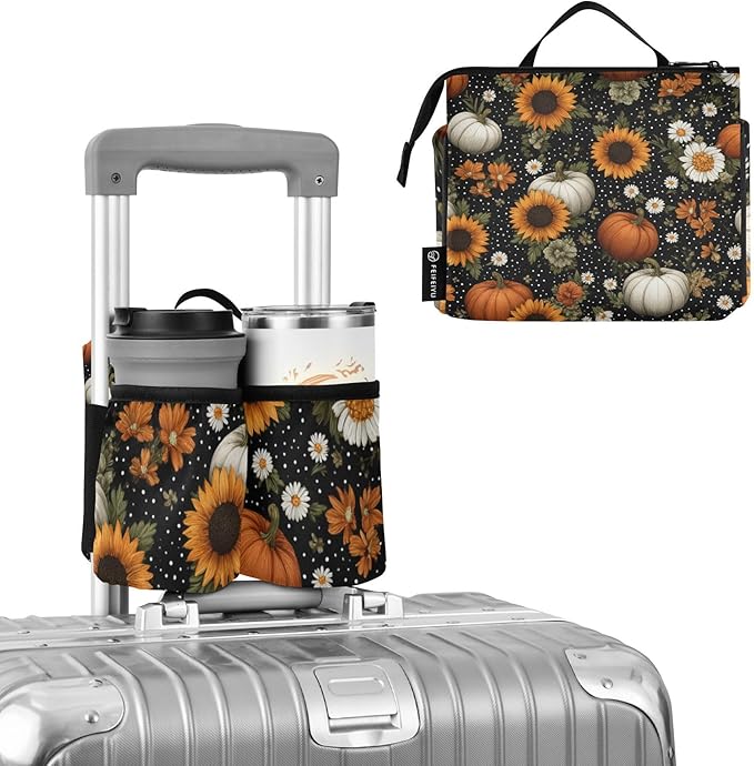 Luggage Cup Holder for Suitcases Free Hands Suitcase Cup Holder Travel Luggage Drink Holder Portable Luggage Cup Caddy Bag Carrier with Handle Black Dotty Pumpkins Sunflowers Daisy