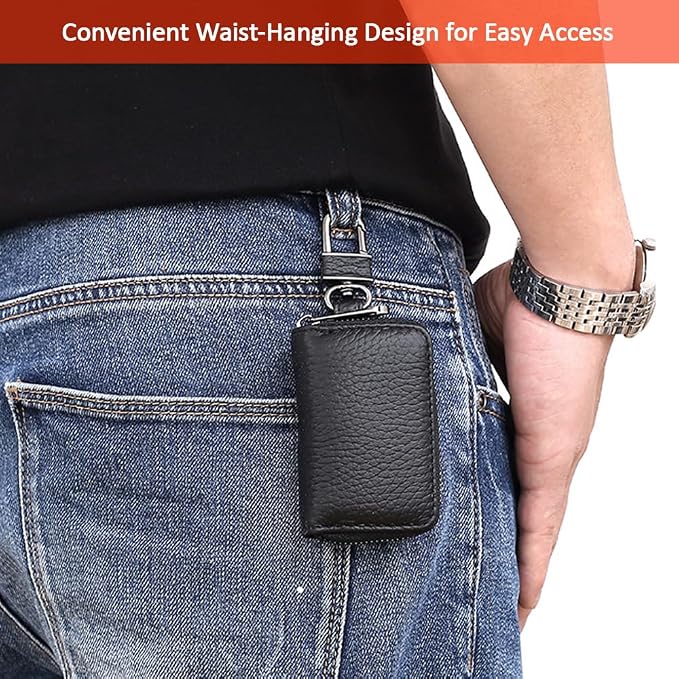 Leather Car Key Case with Zipper, Compact Smart Key Fob Holder with Keychain, Portable Car Key Organizer Pouch