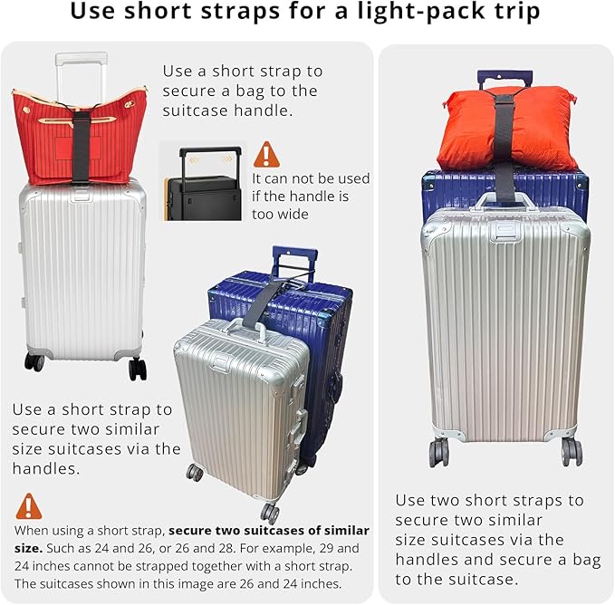 Luggage Straps 3 PCS for Suitcases TSA Approved 2 Short & 1 Long Adjustable Straps with Elastic Thick Rope for Connecting Suitcases and Bags Stably with a Strap Buckle and a Bottle Clip, Black