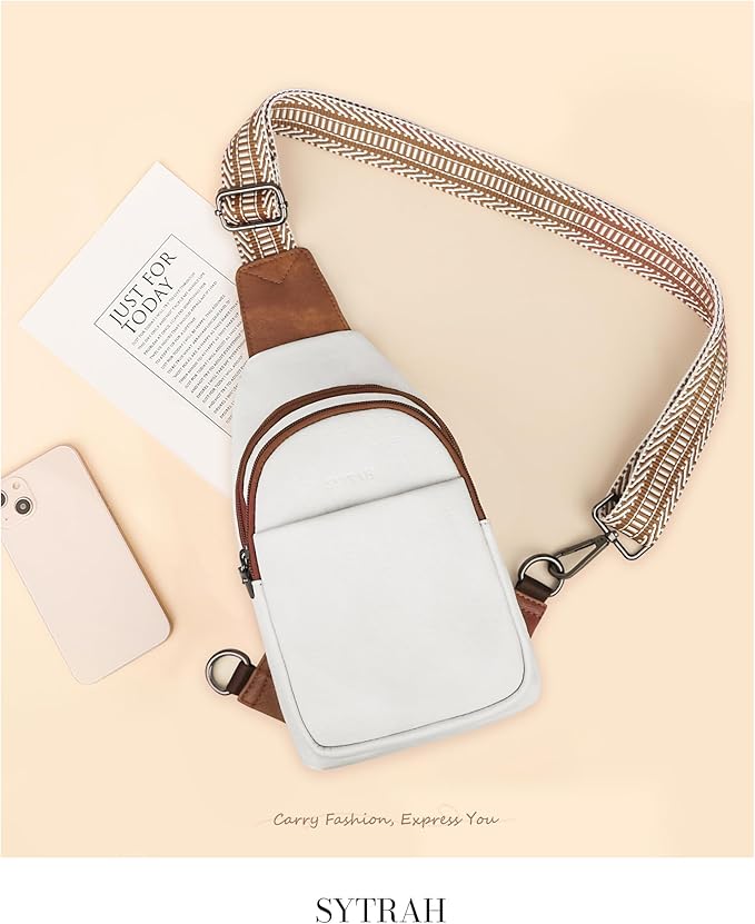 SYTRAH Sling Bag for Women, Crossbody Bags Purse for Women Trendy Vegan Leather Chest Bag with Adjustable Strap(No Anti Theft Ring),Beige Brown