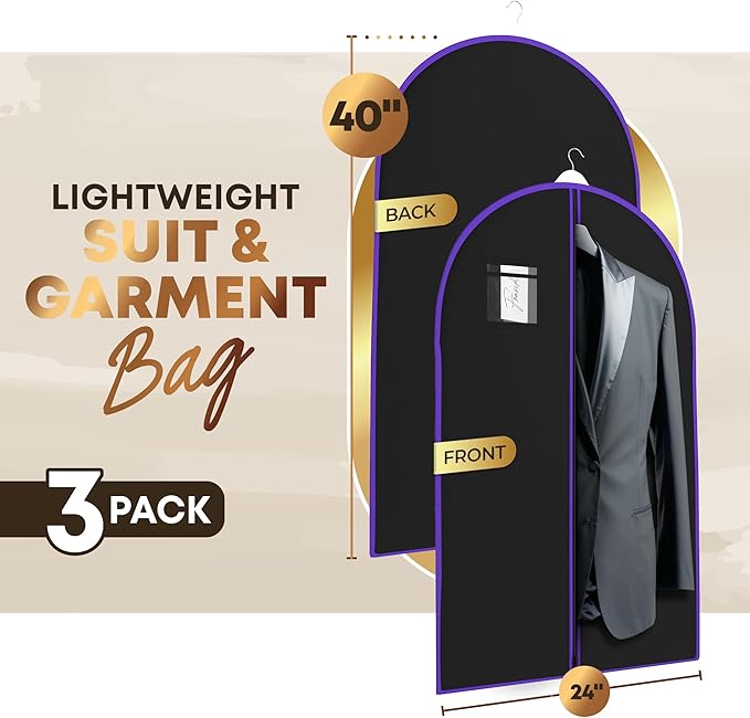 Your Bags Travel Garment Bag – Durable Zippered Single Suit Bag for Storage – Water-Resistant Clothes Cover - Hanging Garment Bags for Travel with ID Pocket – 40" x 24" - Purple (Pack of 3)
