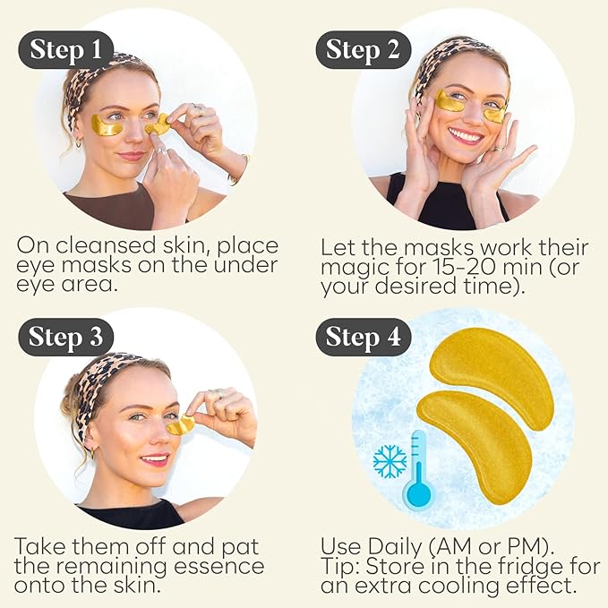 AURAE 24K Gold Under Eye Patches (30 Pairs) - Eye Mask for Dark Circles, Puffiness & Wrinkles - Hydrating Treatment for a Revitalized Look