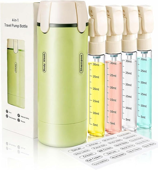 4 in 1 Travel Dispenser Bottle, TSA Approved Leak Proof Refillable Toiletry Containers for Shampoo, Conditioner, Lotion & Skincare – Easy Clean Travel Bottles for Gym, Business