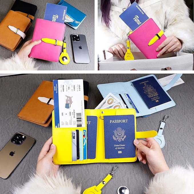 Passport wallets, Mulit-purpose RFID Blocking Passport Holder AirTag Wallet, Travel Wallet（Pink）