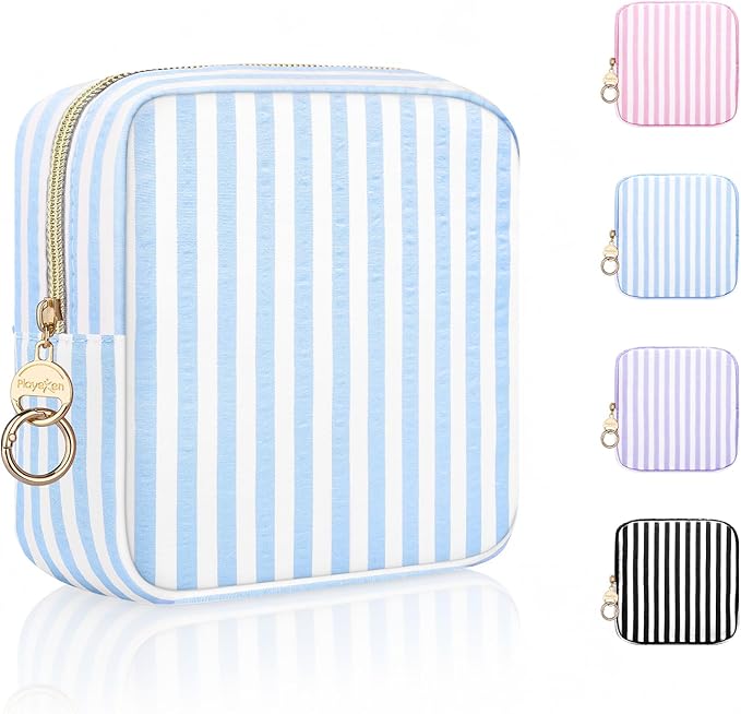 Stripes Period Bag, Small Period Pouches for Teen Girls, Quilted Sanitary Napkin Storage Bag, Compact Discreet Pad and Tampon Holder for Purse (Large Stripes-Blue)