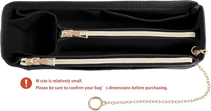 Purse Organizer Insert, Handbag Organizer with Zipper, Tote Shaper with Cup Holder & Keychain, Compatible with LV, Neverfull, MK, COACH, Longchamp, Kate Spade– Black-Sl. Med