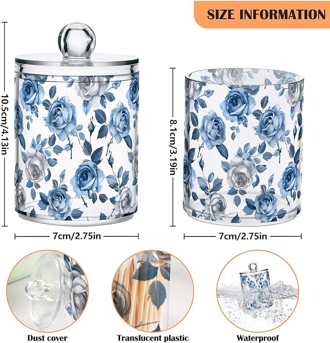2 Pack Qtip Holder Organizer Dispenser Roses Blue Grey Bathroom Storage Canister Cotton Ball Holder Container for Cotton Pads/Swabs/Floss