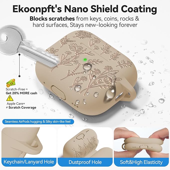 for Apple AirPods Pro 2nd/1st Generation, Soft Silicone Flower Engraved AirPods Pro 2 Gen Protective Case Cover for Women Airpod Case with Clean Kit,Carabiner,Front LED Visible,Sand Powder