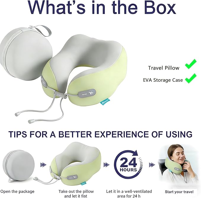 Travel Pillow with Cool Material,Neck Pillow for Traveling 100% Pure Memory Foam,Travel Neck Pillow with Hard Case, Airplane Pillow for Traveling,Travel Essentials(Green)