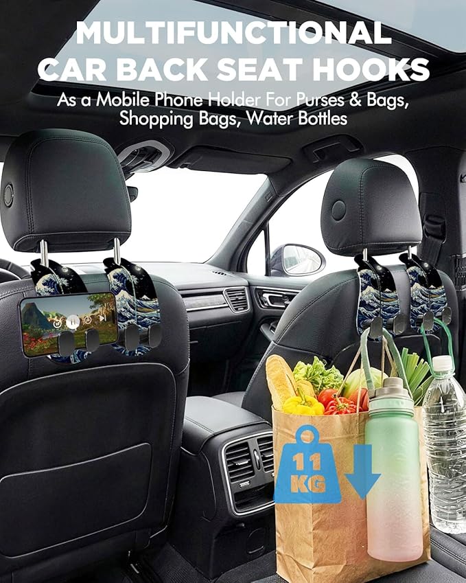 WOCOCN Purse Holder for Car, 2 Pack Heavy Duty Purse Hanger for Car, PU Leather Car Seat Hooks for Purses and Bags, Cute Wave Headrest Organizer for Handbags & Backpacks