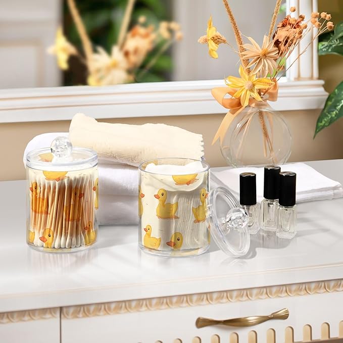 2 Pack Qtip Holder Organizer Dispenser Ducks Yellow Bathroom Storage Canister Cotton Ball Holder Container for Cotton Pads/Swabs/Floss
