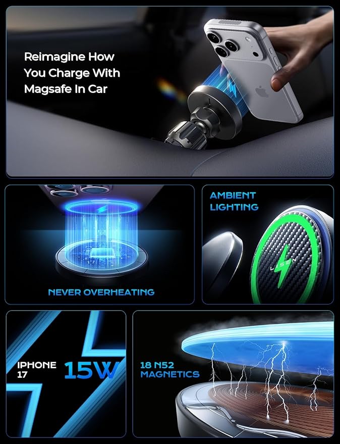 LISEN 15W MagSafe Car Mount Charger,[Carbon Fiber] Magnetic Wireless Car Charger, Dashboard & Air Vent Car Phone Mounts, Magnetic Phone Holder for Car Mount for iPhone 17/16/15/14/13/12, Samsung Pixel