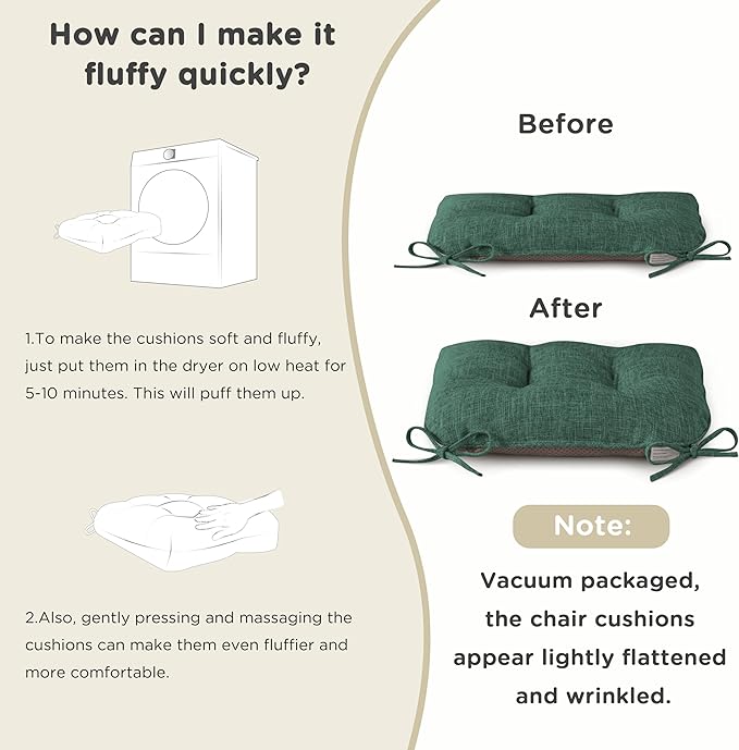 AddGrace Chair Cushions for Dining Chairs Set of 4 Kitchen Seat Cushions with Ties and Non Slip Backing Tufted Indoor Seat Pad for Kitchen Dining Room 18" x 17" x 3" Dark Green