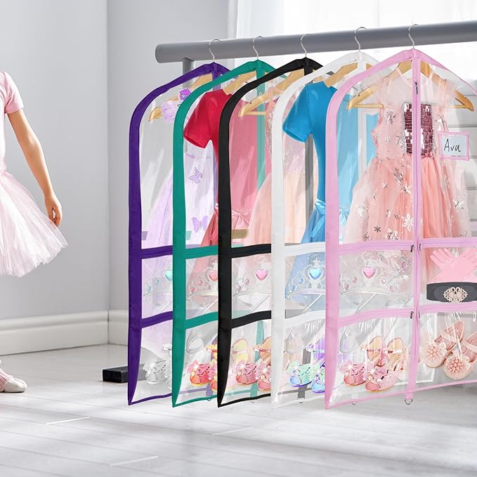 Univivi Clear Blue-Green PVC Dance Costume Bags Garment Bag 40 Inch for Dance Competitions, with 4 Medium Clear Zipper Pockets and 1 Large Back Zippered Pocket [Upgraded Version] (40'' x 24'' 6 Pack)