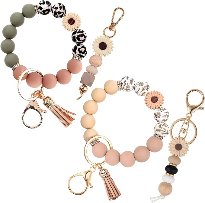 2PCS Bracelet Key Ring Set, Cute Car Key chain Wristlet, Silicone Beaded Bangle keyChains for Women Girls