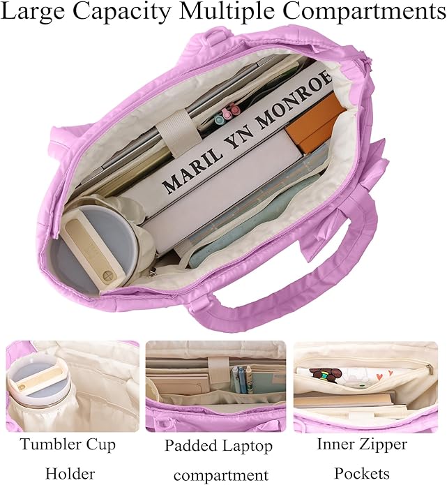 Puffer Tote Bag for Women, Quilted Bow Tote Bag with Cup Holder & 15.6 In Laptop Compartment for Work, Travel, Gym, College