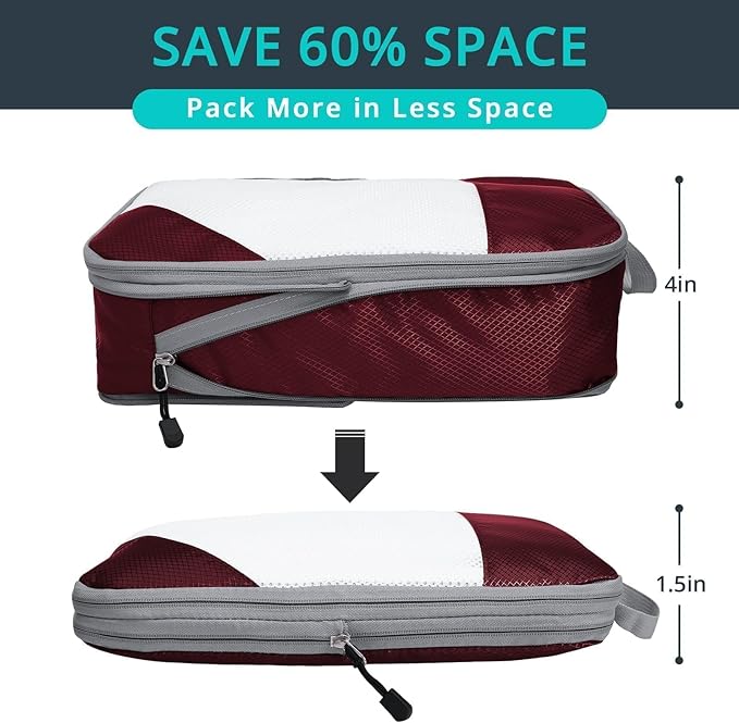 NICOSHOW 3 Set Compression Packing Cubes for Travel - Compressible, Lightweight, and Space-Saving Packing Cubes, Travel Essentials for Women, Wine
