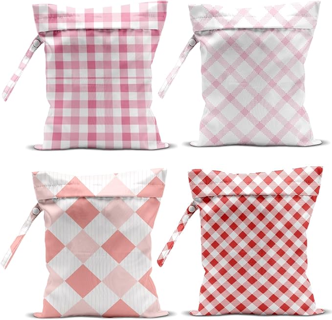 Wet Bag, 4Pcs Wet Dry Bag Set, Reusable Waterproof Bags with Pink Gingham & Red Diamond Patterns for Women, Practical for Travel & Daily Essentials Storage