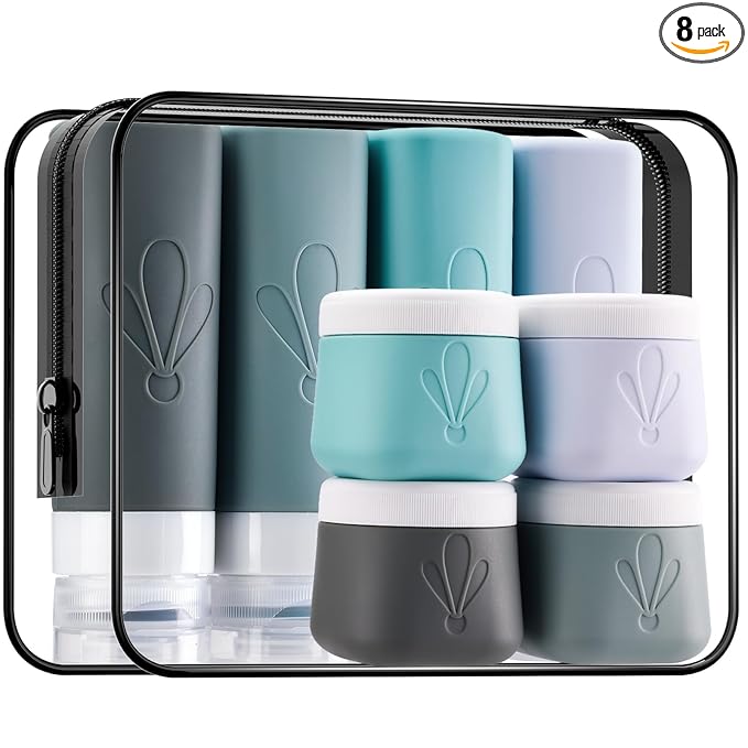 INSFIT 8 Pack Silicone Travel Bottles & Cream Jars with Toiletry Bag, 3oz Leakproof Containers & 2oz Jars with Waterproof Labels, BPA-Free Squeezable Toiletries Set for Shampoo, Lotion, Cosmetics