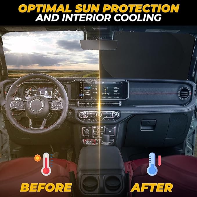 Autovir Windshield Sun Shade for Jeep – Fits Wrangler, Gladiator, Renegade, Sahara & Rubicon, 280T Front Window Shade, UV Sun Visor Protection Blocker Heat Shield, Jeep Accessories