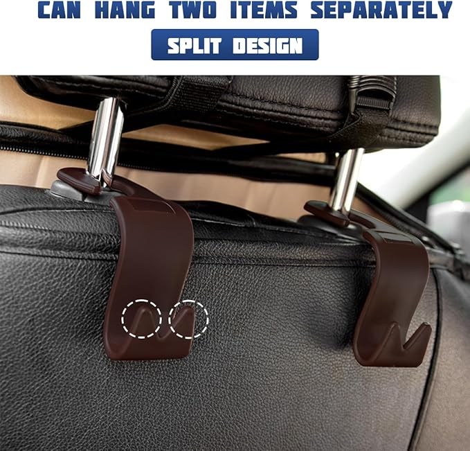 Car Seat Headrest Hook, 4PCS Vehicle Seat Back Storage Hanger for Handbag Purse Grocery, Automotive Interior Organization Holder Hook, Universal for SUV, Truck, RV (Brown)