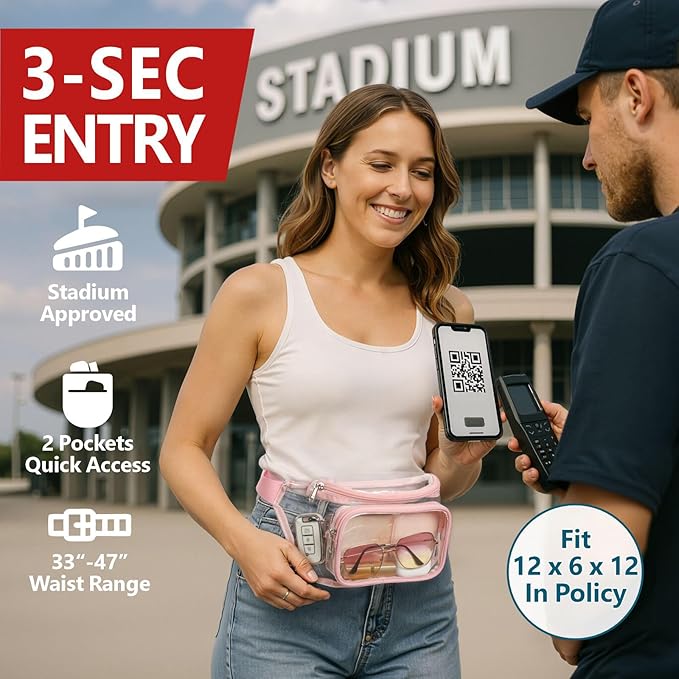 Veckle Clear Fanny Pack Stadium Approved - Adjustable 33-47 Inch Strap, Transparent Belt Bag for Women Men Fits 7.5-inch Smartphone, Waist Bag Clear Bag for Stadium Events, Sport, Concerts, Rose Pink
