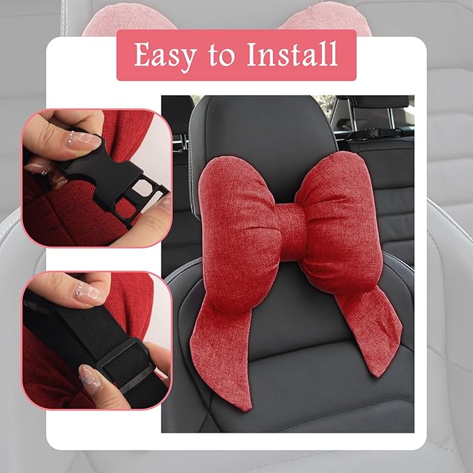 Cute Bow Car Headrest Pillow,Comfortable & Breathable Car Neck Pillows for Relief Neck Fatigue,Universal Head Rest Pillow for Cars Decoration as Birthday Gifts for Women,Girl (Red/2PCS)