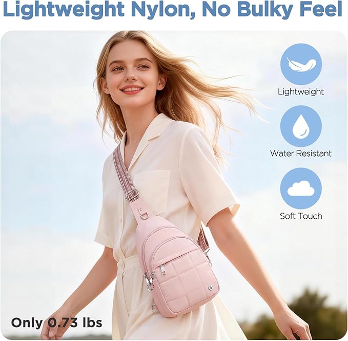 Anti Theft Sling Bag for Men & Women, Lightweight Puffer RFID Crossbody Bag for Travel, Commuting & City Walking, Hands-Free Everyday Essentials Bag Pink