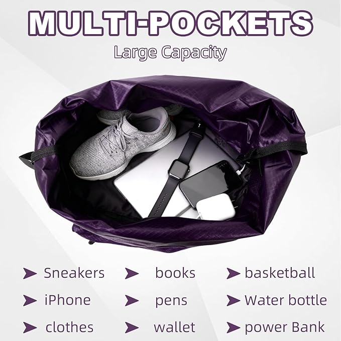 Tygelluis Drawstring Backpack, Waterproof Gym Bag with Water Bottle Pocket for Women Men, Pull String Sport Bag for Swim, Soccer and Basketball,Purple