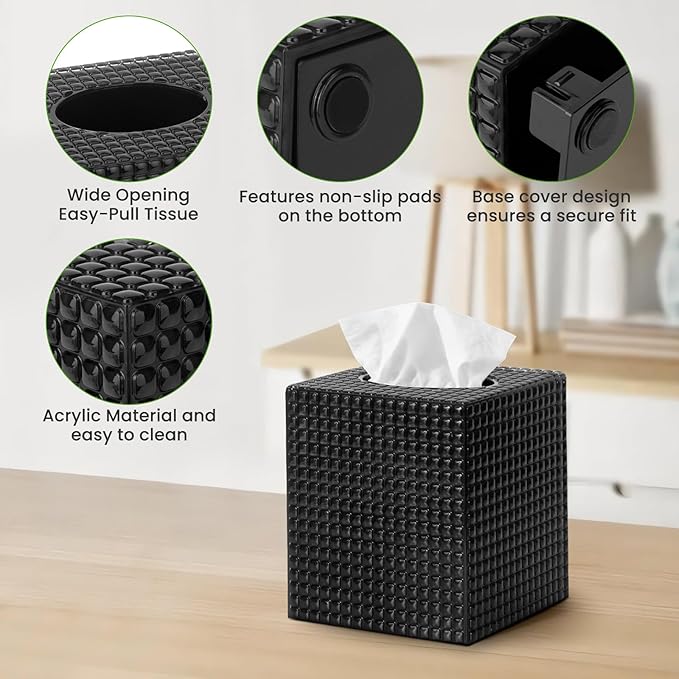 2 Pack Tissue Box Cover, Square Facial Acrylic Tissue Holder, Modern Decorative Facial Tissue Box Vessel Cube Paper Napkin Organizer Dispenser for Bathroom Countertop, Vanity Desk, Black