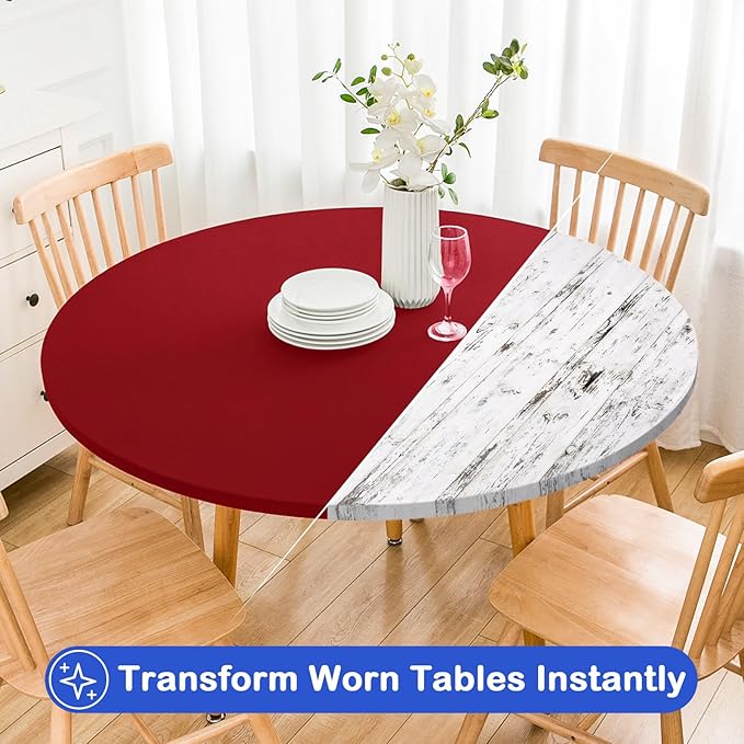Wolkemer 2 Pack 5 Foot Burgundy Fitted Tablecloth 60 Inch Round Elastic Edges Table Cloth, Spandex Stretch Table Cover with Machine Washable Fabric for Wedding Party Picnic Dining Indoor Outdoor