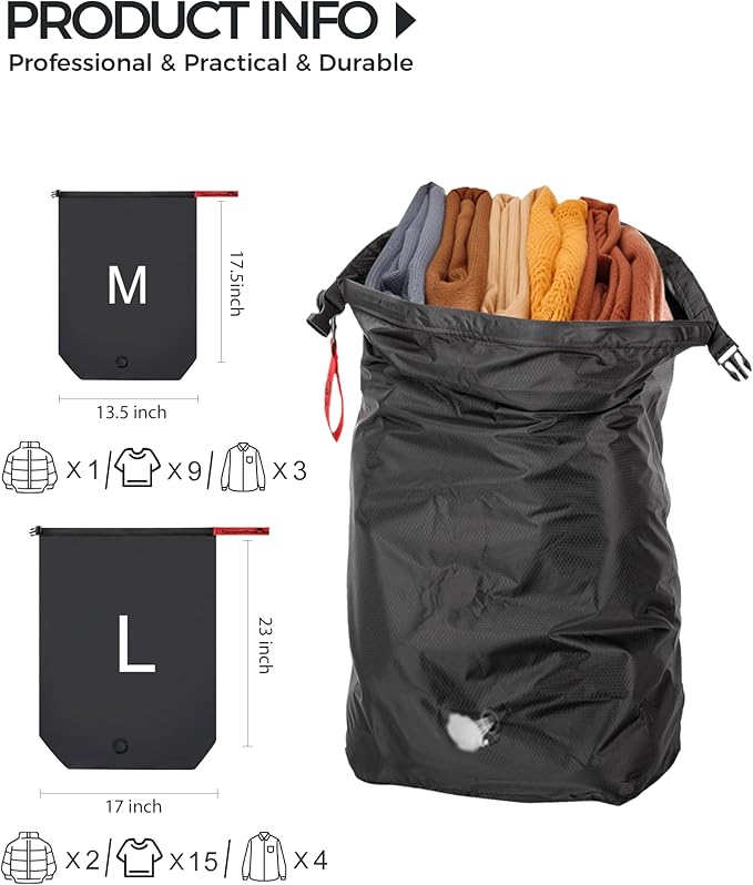 Travel Compression Laundry Bag, Pump-Free Vacuum Space Saver Bag for Dirty Clothes, Reusable Waterproof Wet Dry Bag, Travel Laundry Bag for Luggage, Packing, Suitcase (1 Pcs)（Black, L)