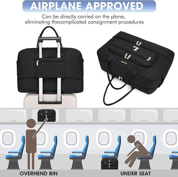 Initial Travel Duffle Bag for Women - Black Personalized Weekender bags Overnight Bag with Shoe Compartment & Wet Pocket Weekend Tote Bags with Toiletry Bag Monogram Christmas Gift (Letter L)