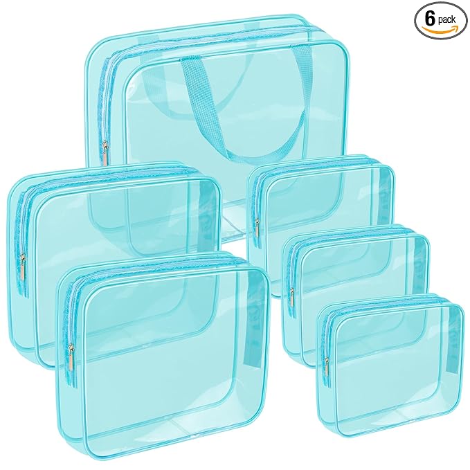 APREUTY Clear Makeup Bags, TSA Approved 6 Pcs Cosmetic Makeup Bags Set Clear PVC with Zipper Handle Portable Travel Luggage Pouch Airport Airline Vacation Organization(Light Blue)