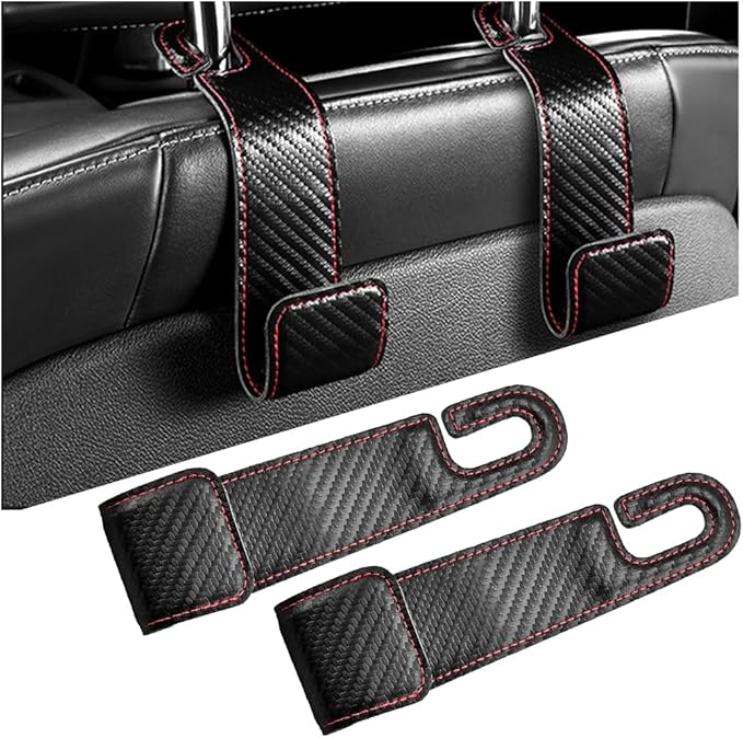 2PCS Car Seat Headrest Hook, Leather Vehicle Seatback Organizer Hanger for Hanging Purse Bag Coat, Auto Seat Back Storage Hook Accessories, Universal for SUV, Sedan, Truck (Carbon Fiber Black)